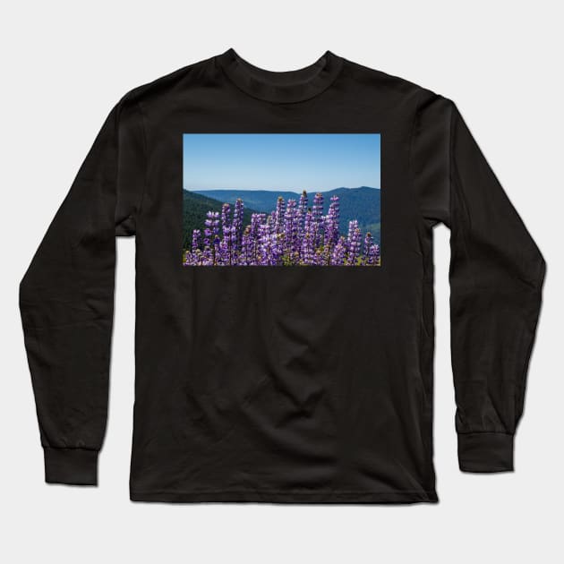 Purple lupine and blue mountains. Long Sleeve T-Shirt by blossomcophoto